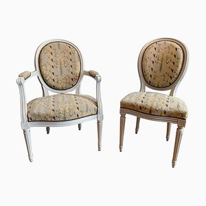 Set of Louis XVI Style Medaillon Armchair & Side Chair in Lacquered Wood, 1950s