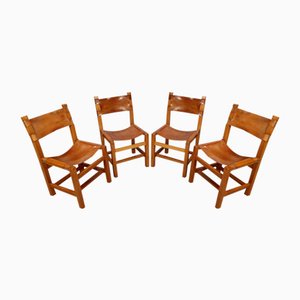 Vintage Chairs in Elm and Leather from Maison Regain, 1970, Set of 4