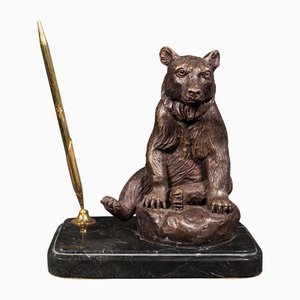 Reposapiés alemán vintage del oso de la Selva Negra de bronce y mármol, años 70. Juego de 2