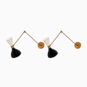 Italian Adjustable Wall Lamps in Black and White Brass from Stilnovo, Set of 2