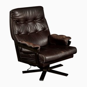 Vintage Mid-Century Scandinavian Modern Brown Leather Executive Swivel Chair, 1970s