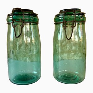Vintage French Jars in Emerald Green Glass by Lideale, 1940s, Set of 2