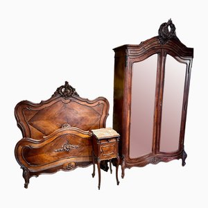 ntique French Bedroom Suite in Hand Carved Walnut, 1870, Set of 3