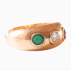 Vintage Gypsy Ring in 18k Yellow Gold with Ruby, Diamond and Emerald, 1970s
