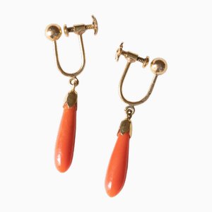 Aretes colgantes vintage de oro amarillo de 18 k con coral naranja, años 40