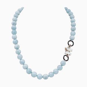 Collier en Or Rose et Argent en Aigue-Marine et Pierres Blanches