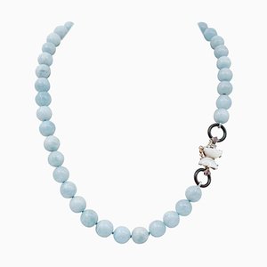 Halskette aus Roségold und Silber mit Aquamarin und weißen Steinen