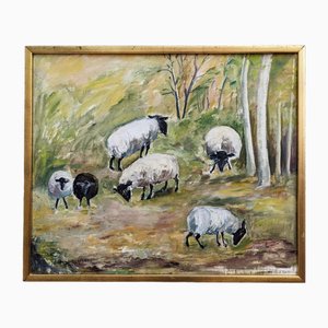 Grazing Sheep, 1950s, Huile sur Toile, Encadré