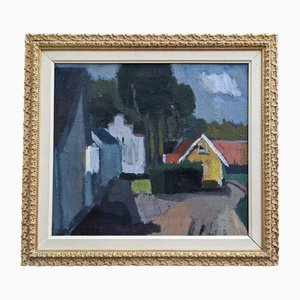 View of Houses, 1950s, Oil on Canvas, Framed