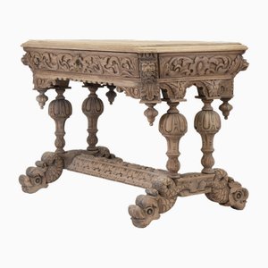 Antique English Bleached Carved Oak Hall Centre Table with Drawer, 1890s