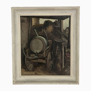Herbert Theurillat, Charente et tonneau dans la grange, 1935, Huile sur Toile, Encadrée
