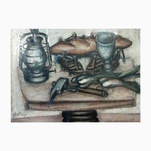 Franz Priking, Nature Morte au pain et Sardines, Olio su tela, Con cornice