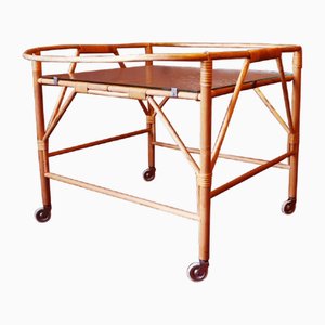 Slender Serving Trolley in Bamboo and Frosted Glass, 1960