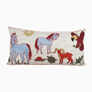 Suzani Blue Animal Pictorial Samarkand Cushion Cover, 2010s