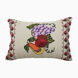 Turkish Aubusson Floral Needlepoint Lumbar Kilim Cushion Cover with Organic Fruit Motifs, 2010s