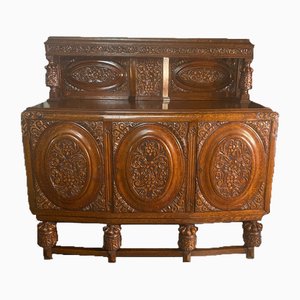 Antique British Oak Buffet with Hand-Carved Motifs, 1910s