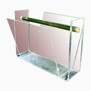 French Space Age Acrylic Glass & Brass Magazine Rack by David Lange for Roche Bobois, 1970s
