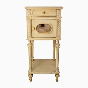 Louis XVI French Bedside Table Patinated Wood, Marble Top & Cane Door, 1930s