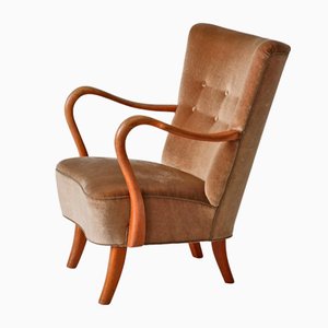 Alfred Christensen zugeschriebener Sessel aus Eiche & Velours für Slagelse Furniture Works, 1950er