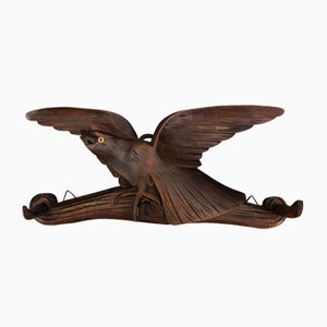 Antique Hand-Carved Hat Rack with Bird and Three Wooden Hooks, Germany, 1920s