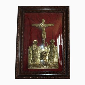 French Crucifix in Ornate Wooden Frame on Red Velvet with Convex Glass, 1950s