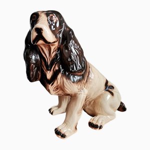 Großer sitzender Mid-Century Spaniel Hund in glasierter Keramikfigur, 1960er