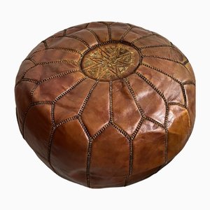 Vintage Caramel Coloured Leather Embroidered Foot Stool