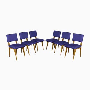 Chairs in Ash Wood and Blue Fabric, 1960s, Set of 6