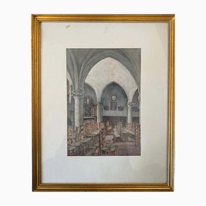 Georges Roussin, Interno di una chiesa, metà XIX secolo, Acquarello e tela, Incorniciato