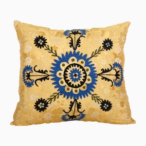 Yellow Suzani Cushion Cover with Floral Pattern, Uzbekistan, 2010s