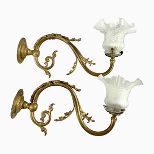 Antique Baroque Style Wall Sconces with Frosted Glass Shades, France, 1920s, Set of 2