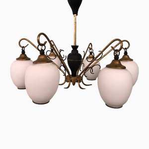 Pendant Light in Brass, Aluminum and Opaline Glass in the style of Stilnovo, Italy, 1950s