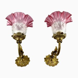 Brass Wall Lights with Flower Shades, France, 1920s, Set of 2