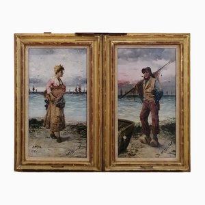 Frederick Reginald Donat, Pêcheuse et Pêcheur, Oil on Wood, Framed, Set of 2