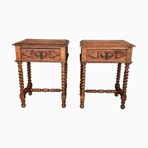 French Nightstands in Carved Oak with Turned Columns, 1900s, Set of 2