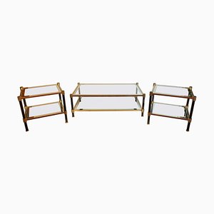 Tables en Verre et Laiton, 1980s, Set de 3