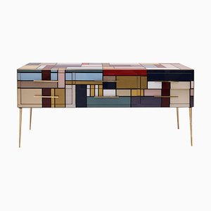Italian Sideboard in Wood and Colored Glass, 1950s