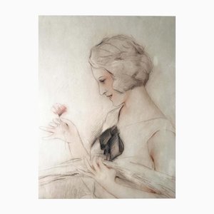 Léon Launa, Portrait of a Young Lady with a Flower, Chalk & Graphite Drawing, 20th Century