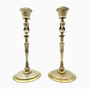 19th century Barbedienne Bronze Candlesticks with Female Bust, Set of 2