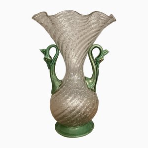 Murano Glass Silver Foil Green Vase from Fratelli Toso, 1920s