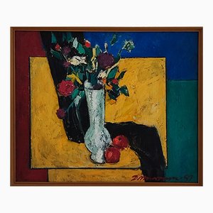 Dani Menkhtsetseg, Nature Morte Fleurs et Fruits, 1989, Huile sur Toile, Encadrée