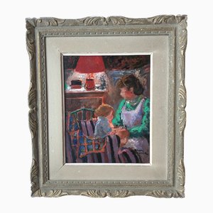 Emilio Grau-Sala, Scène d'intérieur avec mère et enfant, Oil on Wood, Framed