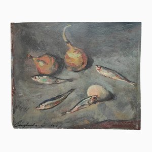 Constantin Terechkovitch, Nature Morte aux Sardines, 1955, Huile sur Carton