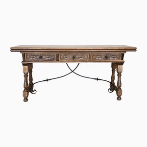 Vintage Spanish Fold Out Console Table with Iron Stretcher and Drawers, 1920