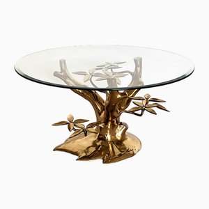 Mesa de centro en forma de árbol Mid-Century de latón y vidrio tallado de Willy Daro, años 70