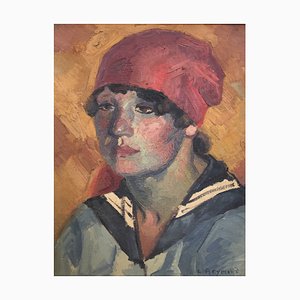 Casimir Reymond, Portrait de jeune fille au foulard rouge et col marin, Oil on Canvas, Framed