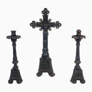 Antique Crucifix with Holder in Wrought Iron, Set of 3