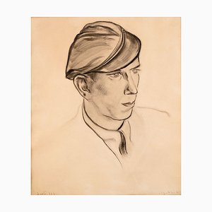 Leopold Gottlieb, Porträt eines Mannes mit Mütze, 1932, Kohlezeichnung