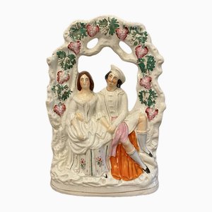 Figurine Staffordshire Flatback du 19ème Siècle d'une Scène de Mariage Ancien, 1860s