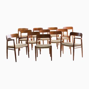 Model 56 & Model 75 Dining Chairs in Teak & Papercord by Niels Moller, 1960s, Set of 12